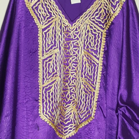 MEETU MAGIC Purple Embroidered Muumuu Kaftan One Piece Tunic Caftan Pull Over - Picture 2 of 5